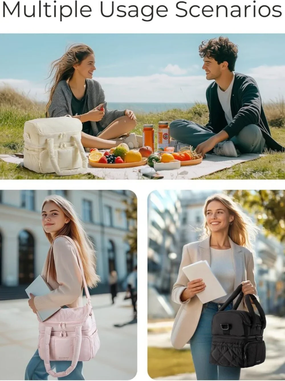 Lunch Bag Women, Double Deck Insulated Lunch Box, Quilted Puffer Lunch Tote, Lea_5